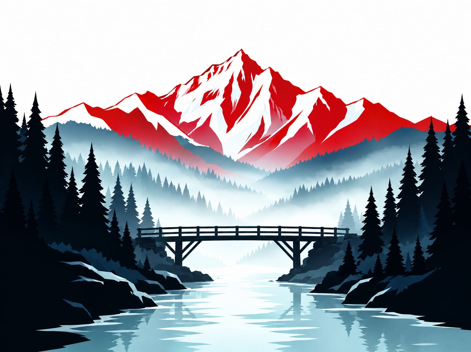 Illustration of a timber bridge crossing a river between forested banks, red mountains behind