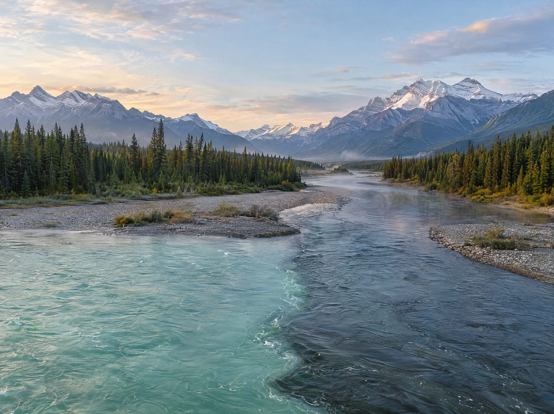 Two rivers meeting in a wide boreal valley below the Rocky Mountains at first light