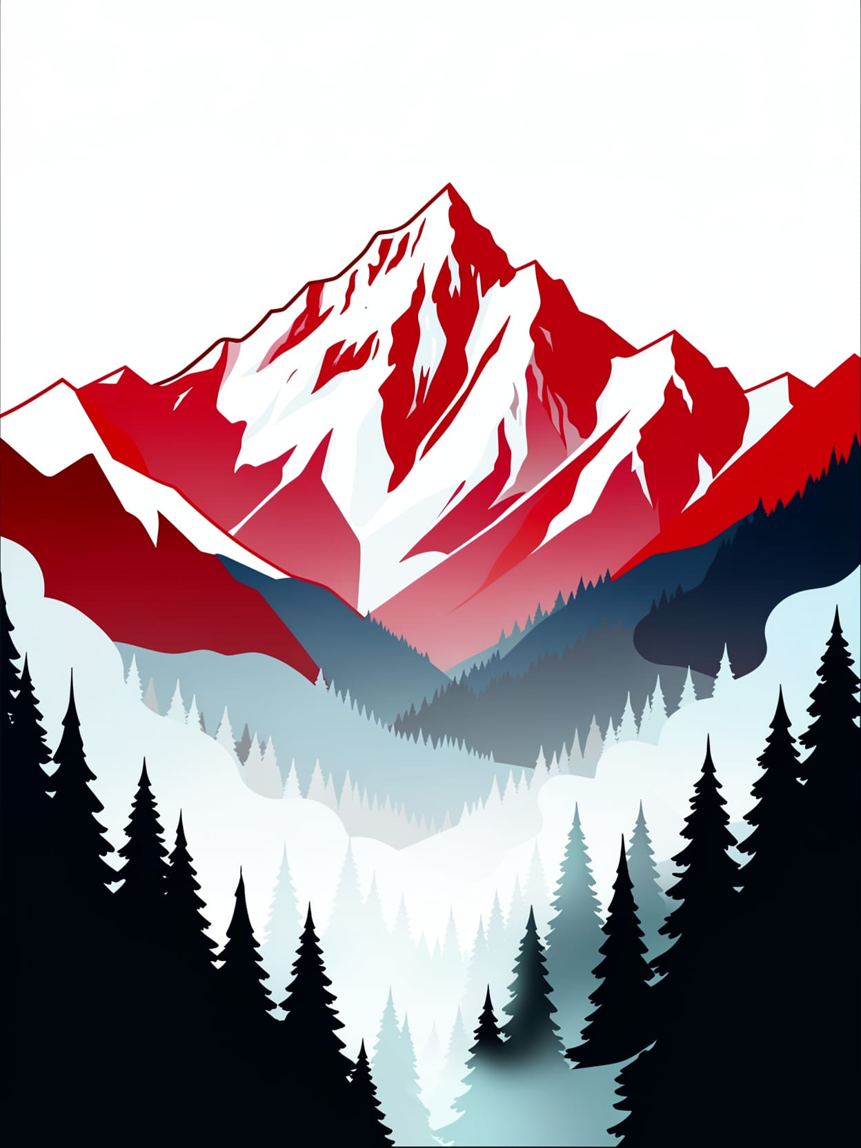Illustration of a red, snow-capped mountain above a misty evergreen valley